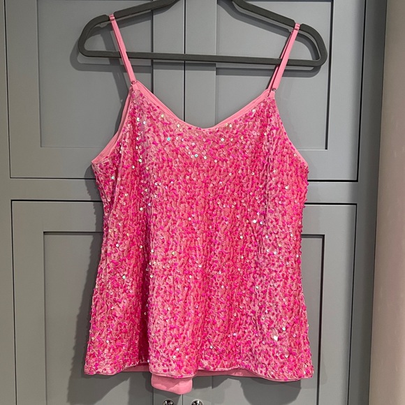 Women’s sequined chenille/velvet like pink tank. Size Large. Adjustable straps. - Picture 3 of 3